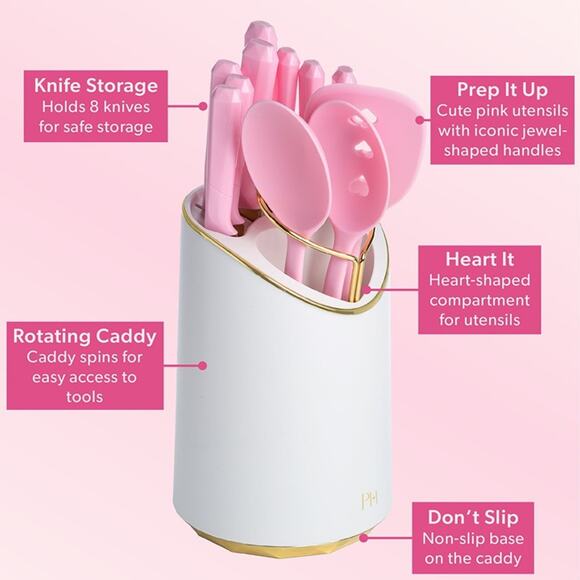 Paris Hilton 12 Piece Knife and Kitchen Utensil Set with Caddy, Pink - Picture 4 of 5
